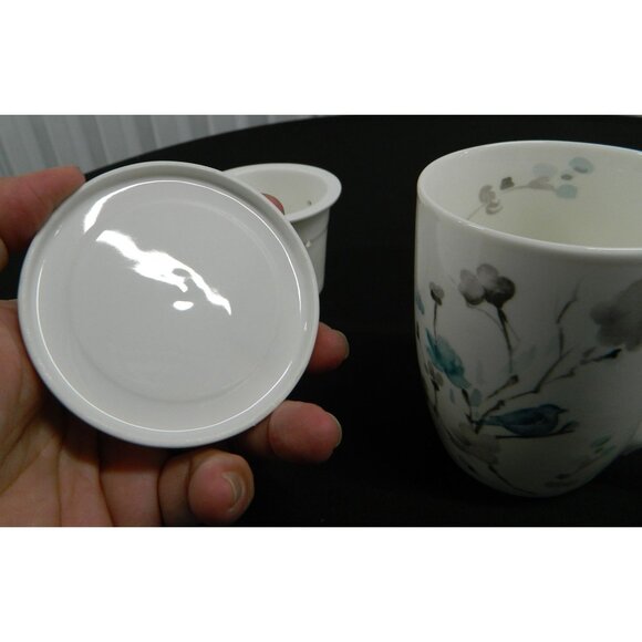 Novel Korea Ceramic Tea Infuser Mugs Lids & Strainers Floral Bird Design Set  2 - Picture 14 of 16